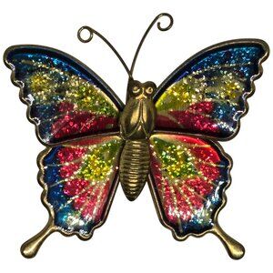 Vintage Multicolor Glitter Butterfly Brooch Pin With Gold-Tone Metal Backing & S